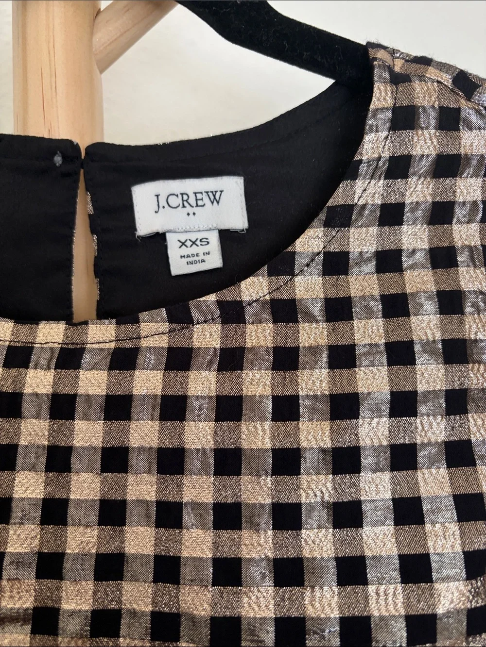 J. Crew Black and Gold Gingham Puff-Sleeve Top